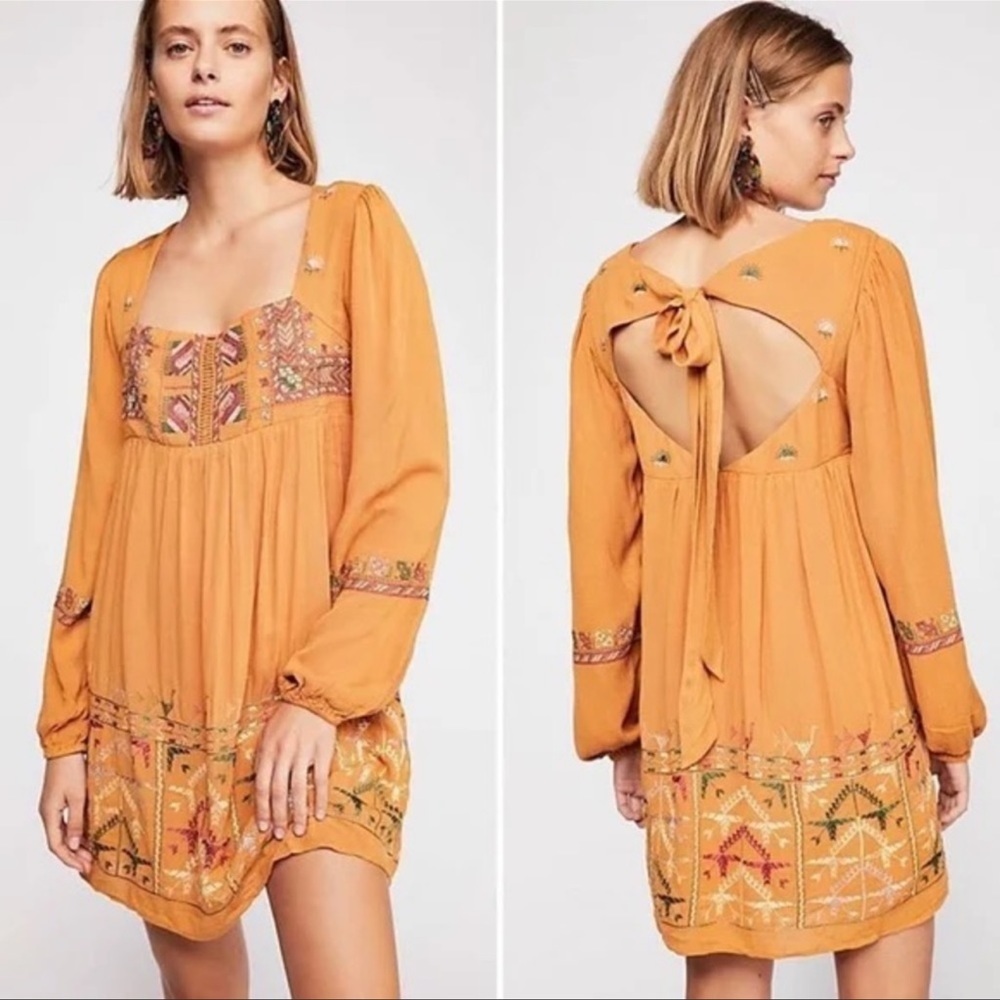Free People Rhiannon embroidered Long Sleeve Open Back mini dress - Picture 2 of 10